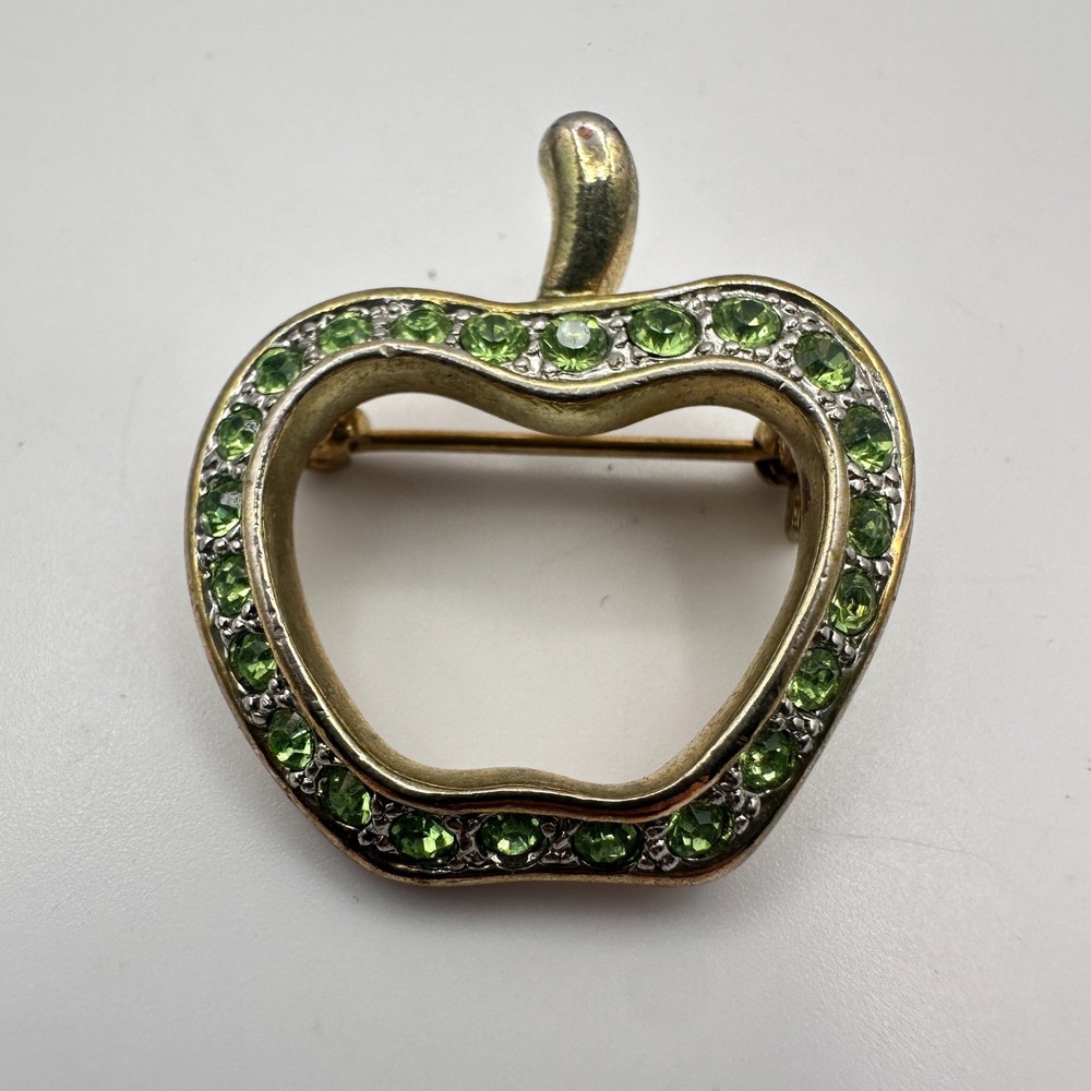 Vintage 90s Gold Tone Green Stone Apple Brooch Pin Women's Classic Jewelry
